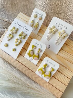 WHOLESALES 6 Olive Green & Pink Polymer Clay Earrings - Set of Studs and Dangles